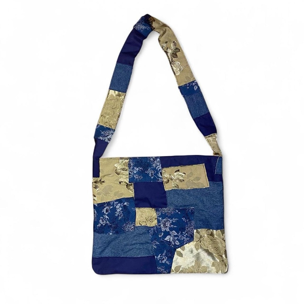 Patchwork Floral Blue and Gold Shoulder Bag
